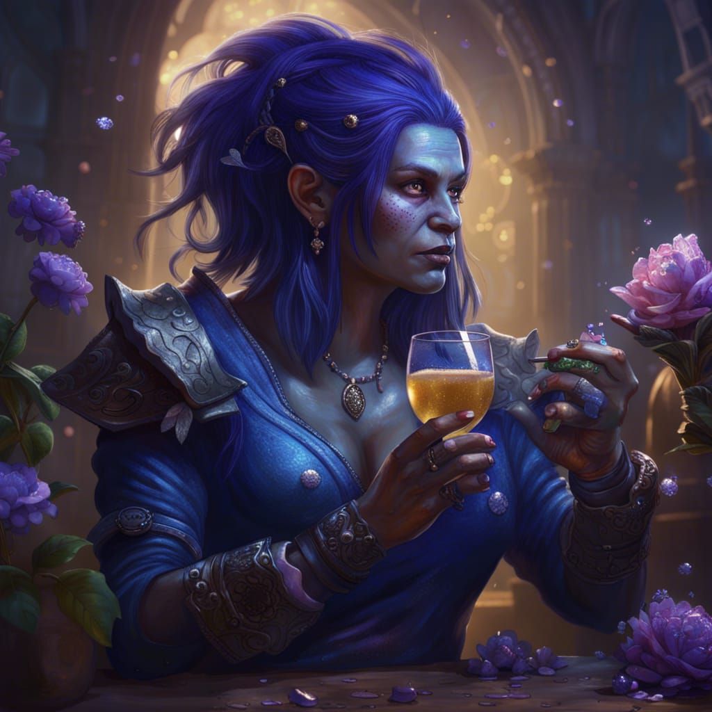 Purple-Haired Orc Woman in Detailed Dark Fantasy Art