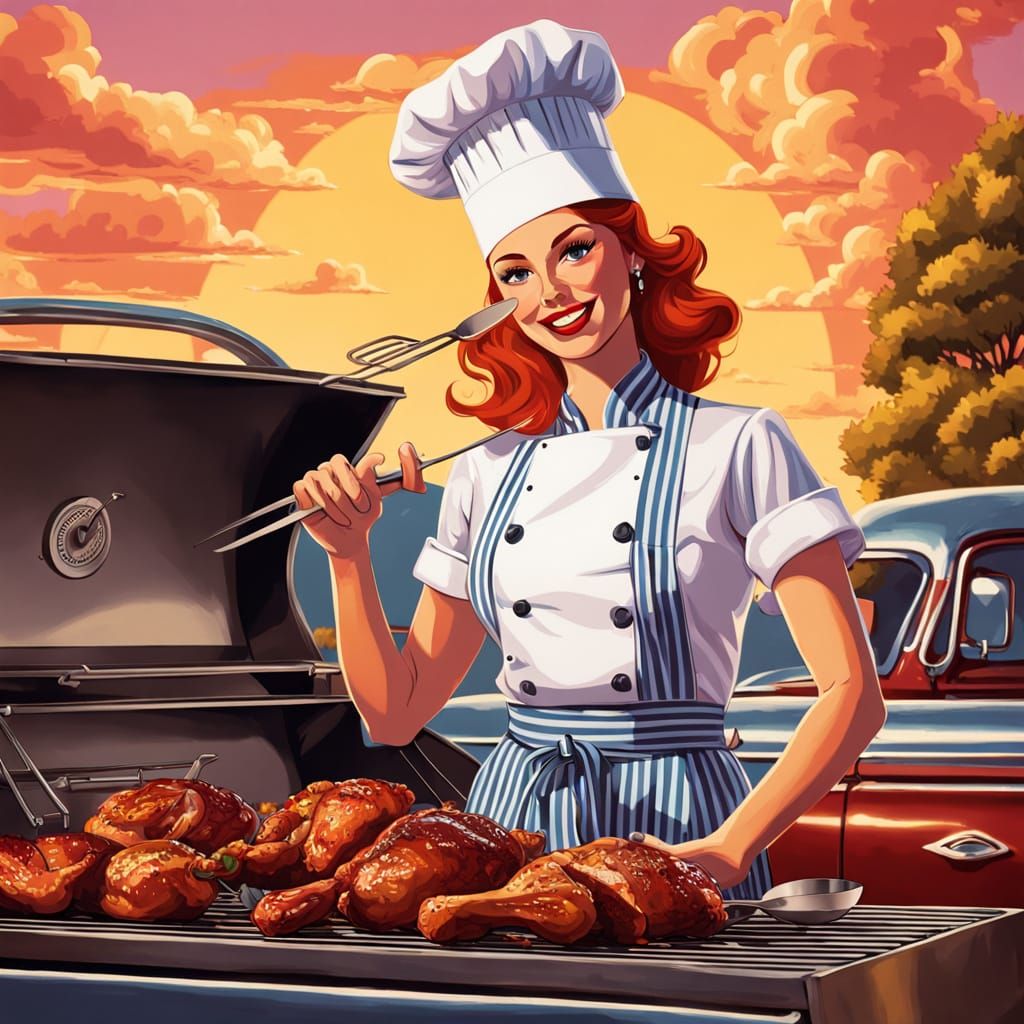 Retro Pinup BBQ Chef with Classic Chevy Truck