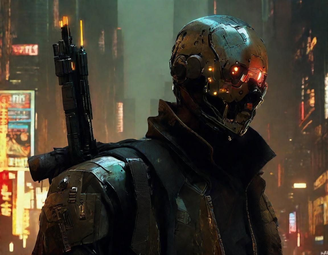Cyberpunk Cyborg Bounty Hunter in Neon Noir