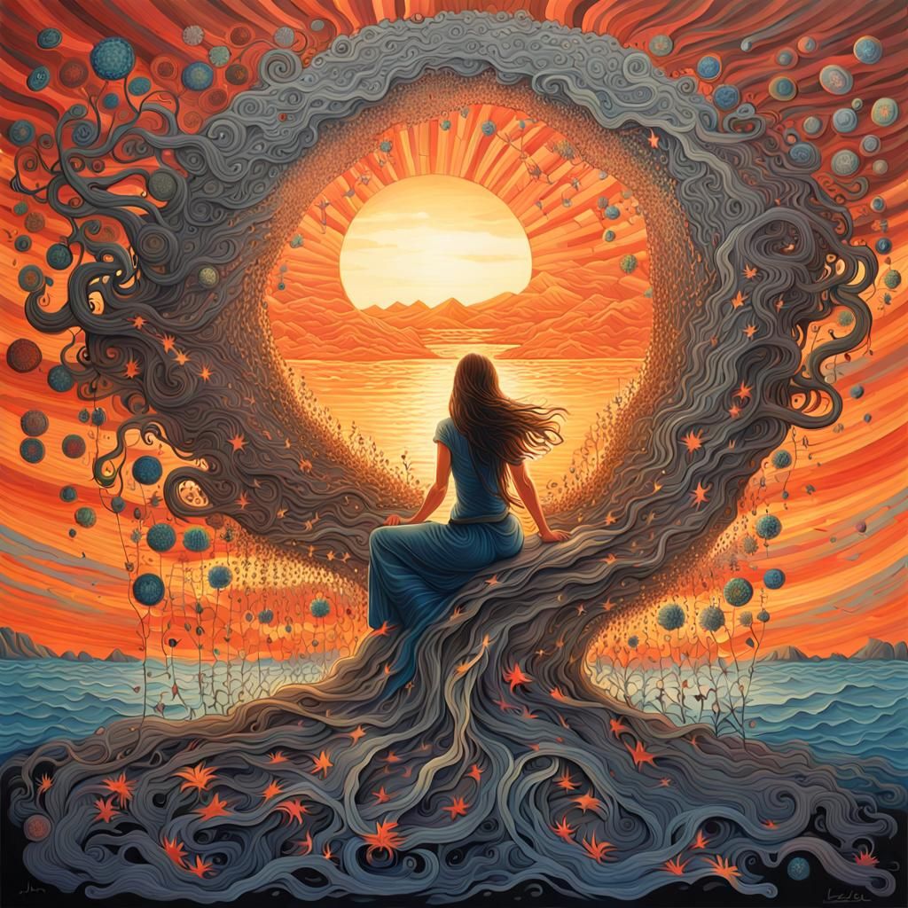 Woman Collecting Mirror Shards at Sunset: A Bio Art Fusion