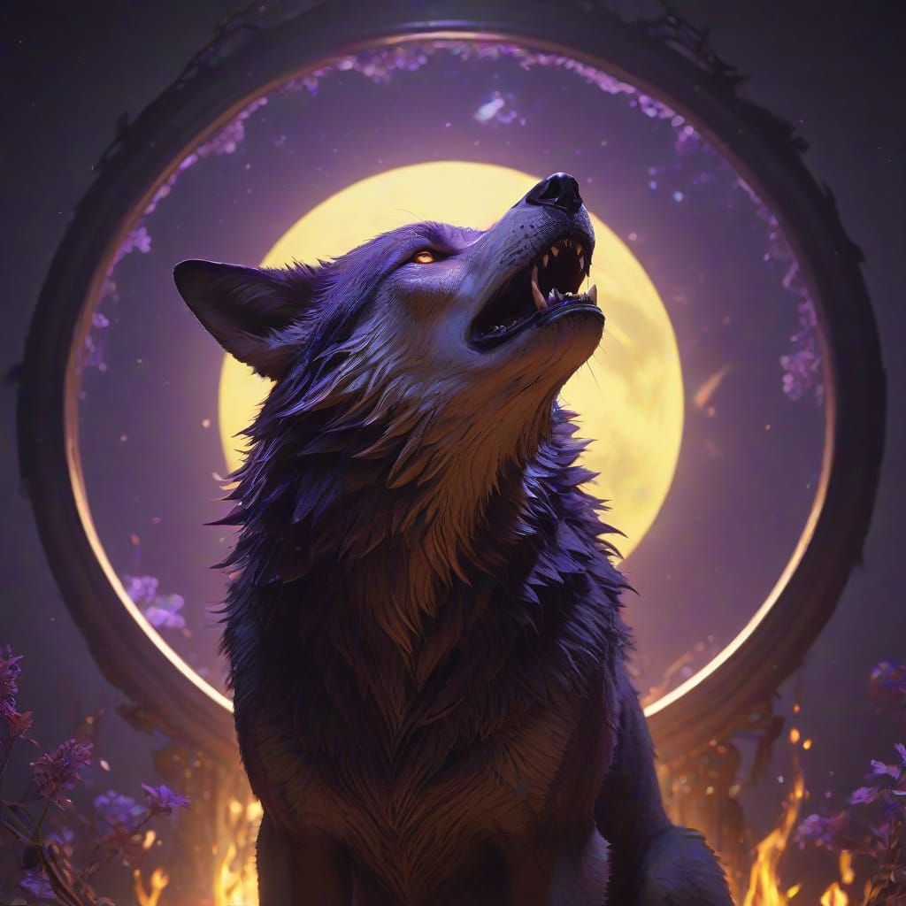 Dark Fantasy Wolf Howling with Witches Under Moon