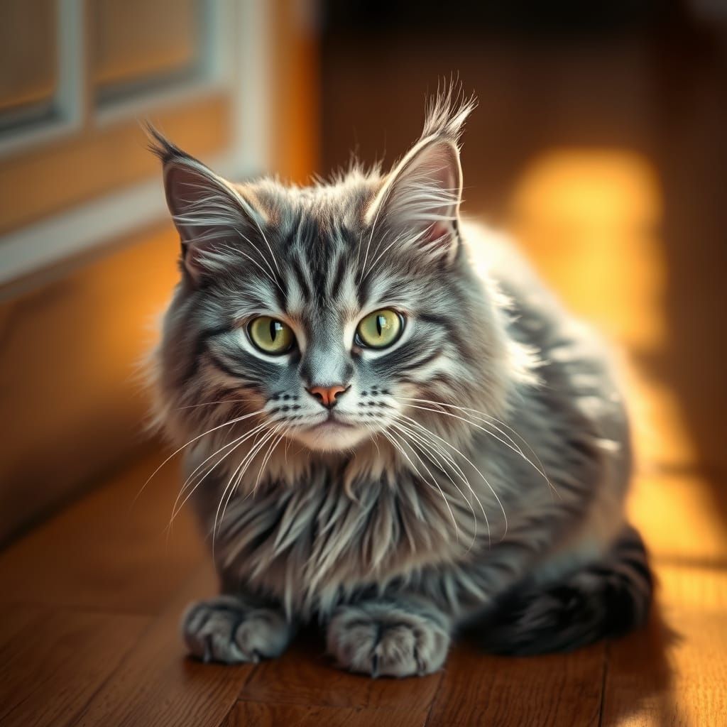 Hyperrealistic Cat with Green Eyes in Warm Light