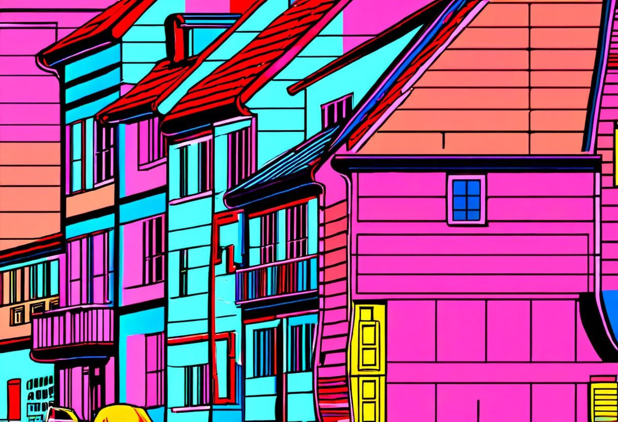 Synthwave Neon Houses in Retro Style