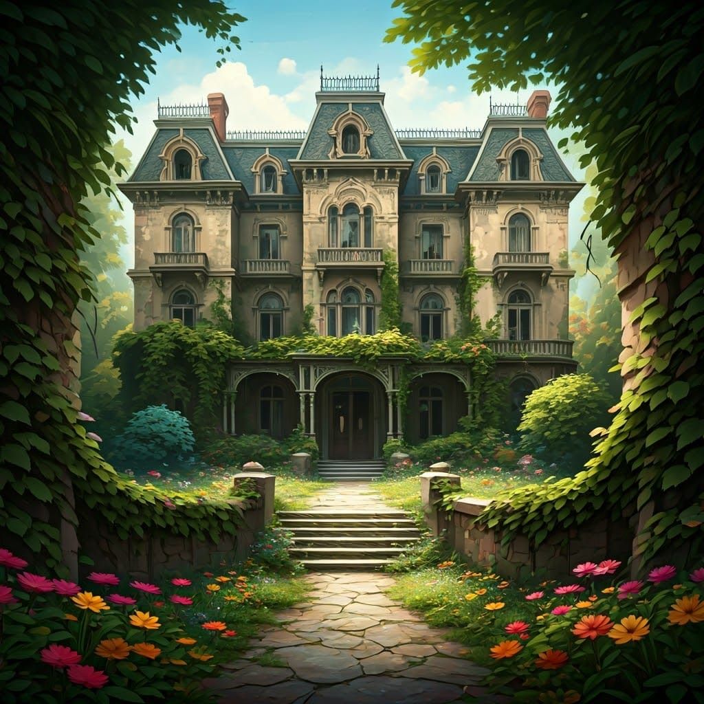 Whimsical Victorian Mansion Amidst Jungle-Like Garden