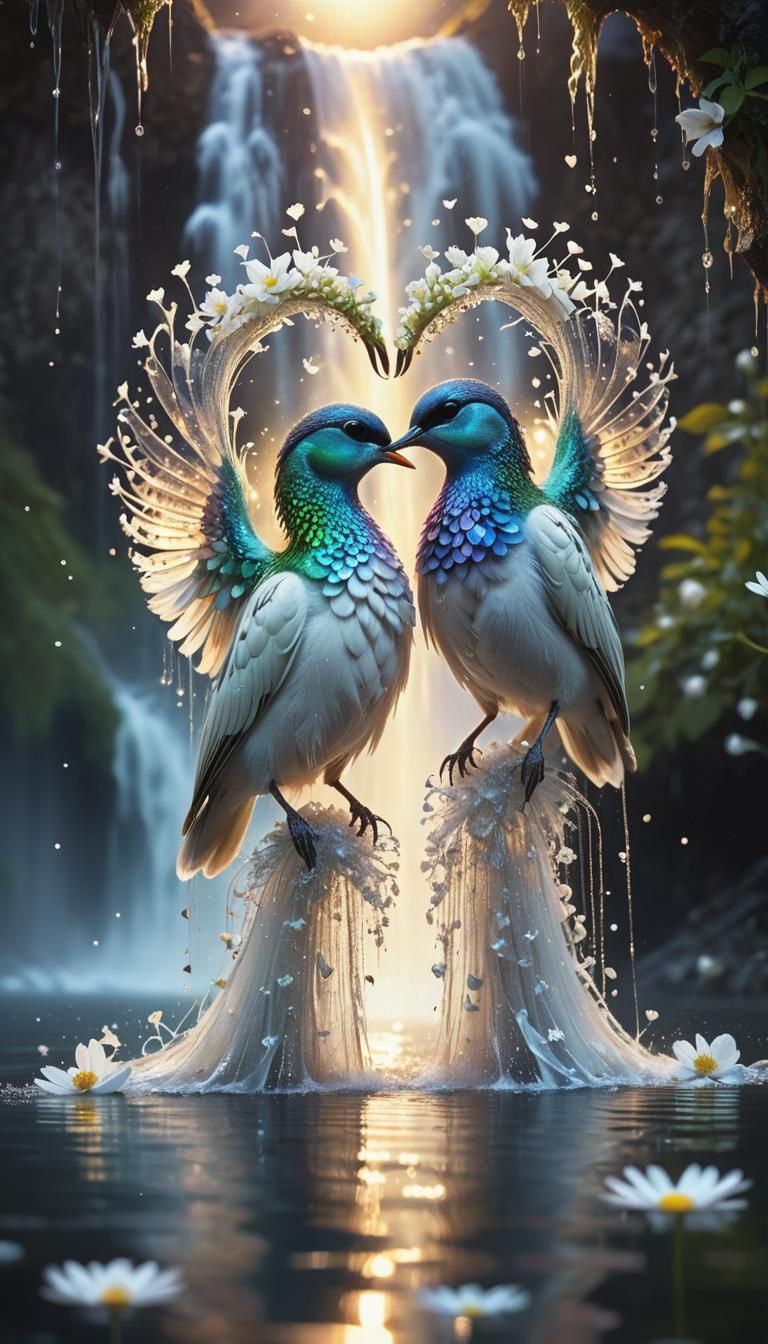 Iridescent Birds Form Heart Under Waterfall: Digital Art