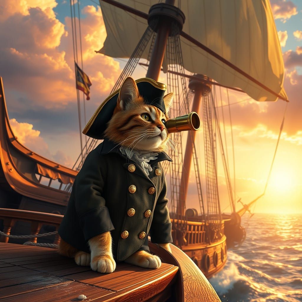 Regal Cat Pirate on Majestic Galleon at Sunset