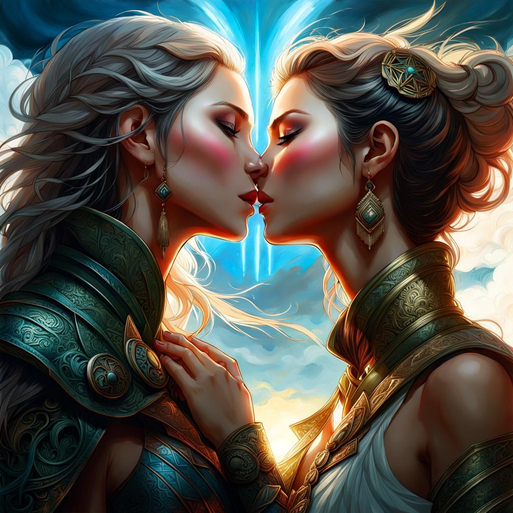 Passionate Lesbian Kiss in Stormy Fantasy Landscape