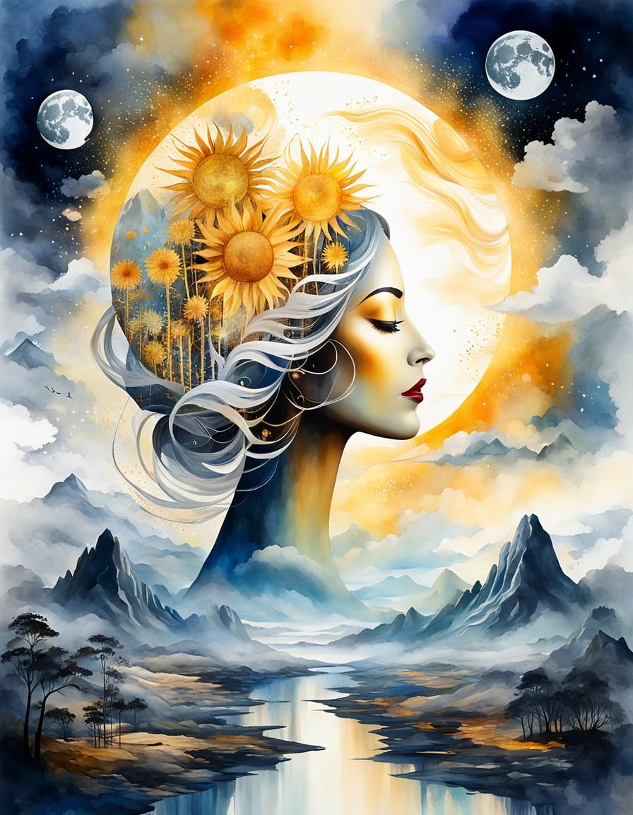 Fractal Dreamland: Double Exposure Watercolor Art