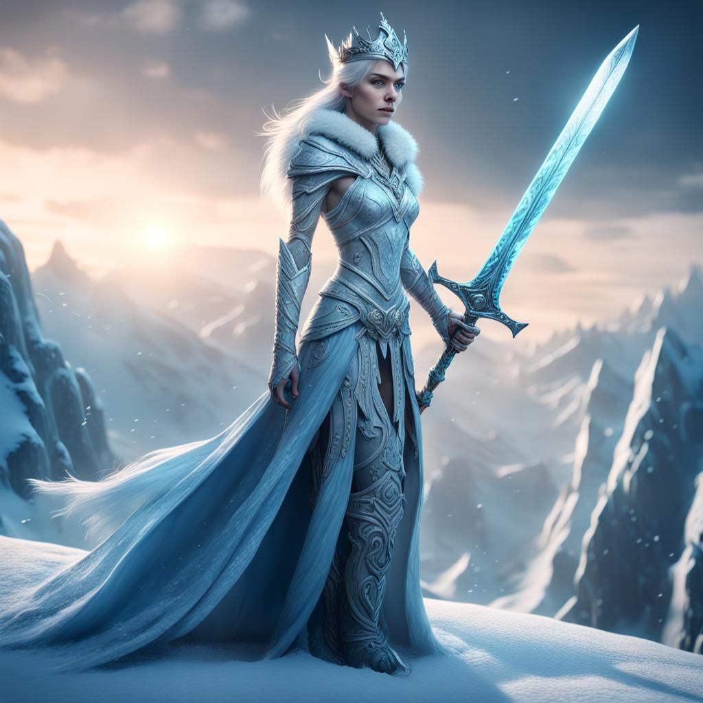 Ice Queen with Sword on Snowy Mountain