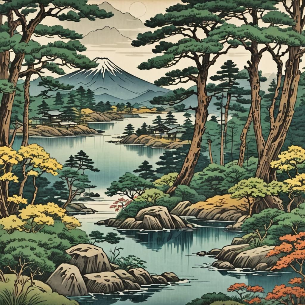 Japanese Landscape in Woodblock Print Style