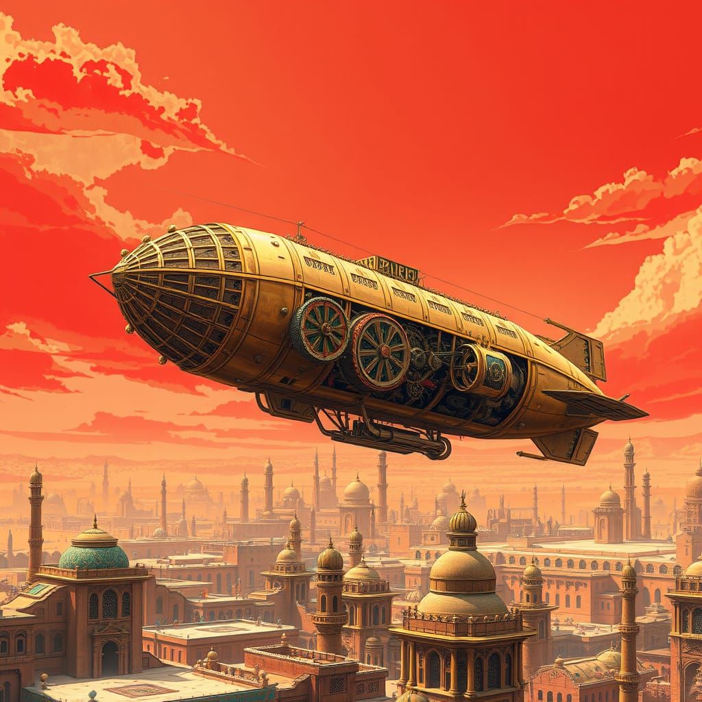 Steampunk Airship Over Desert City in Jules Verne Style