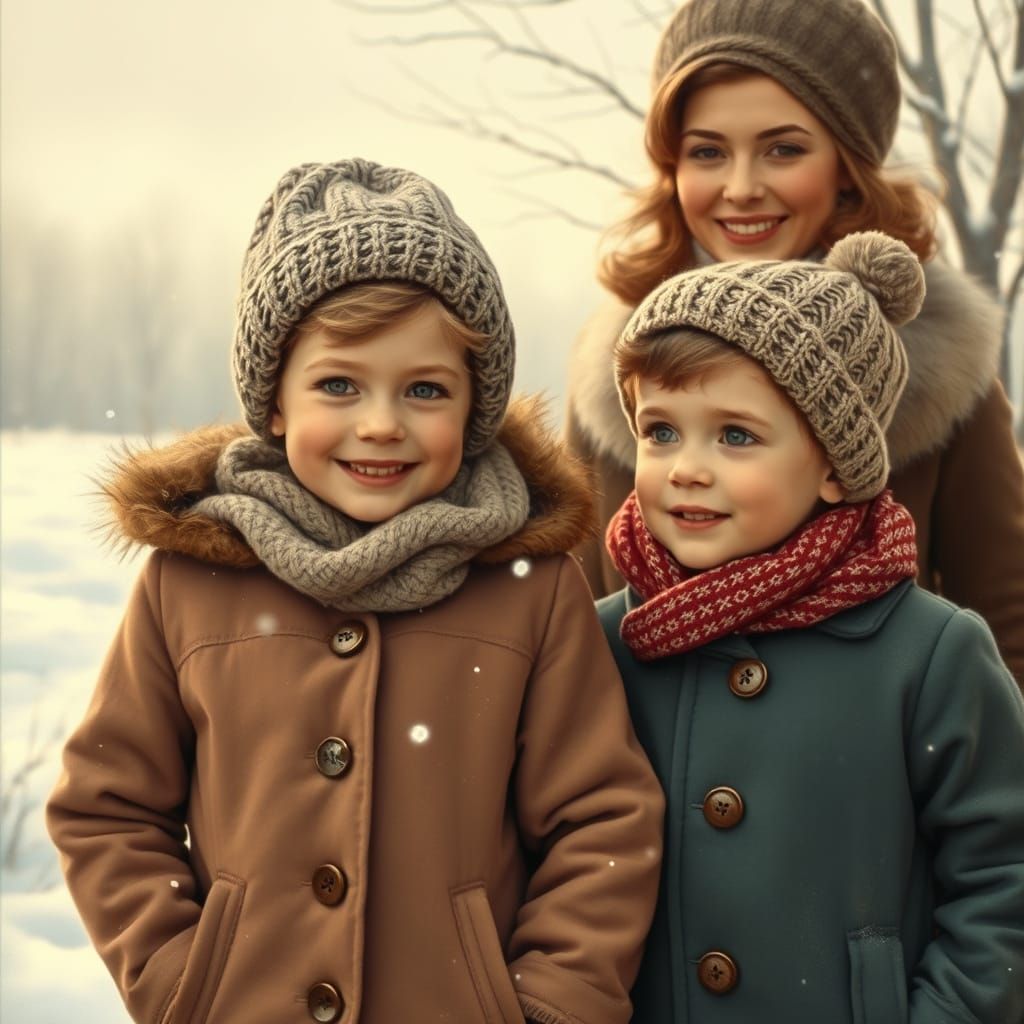 Joyful Family in Winter Wonderland, Late 1940s Style