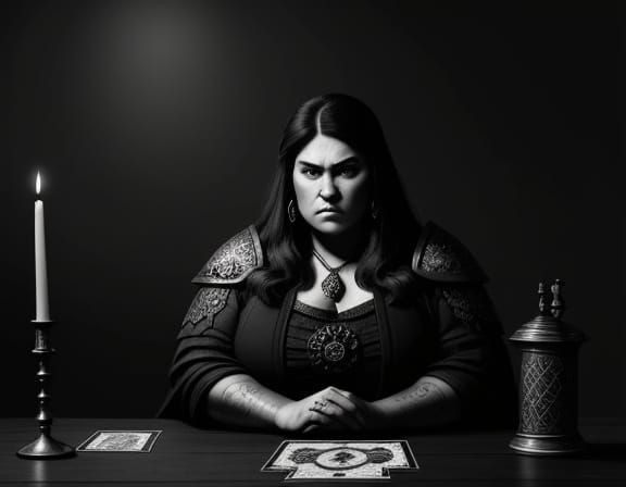 Female Dwarf Hunter with Tarot Cards in Grayscale