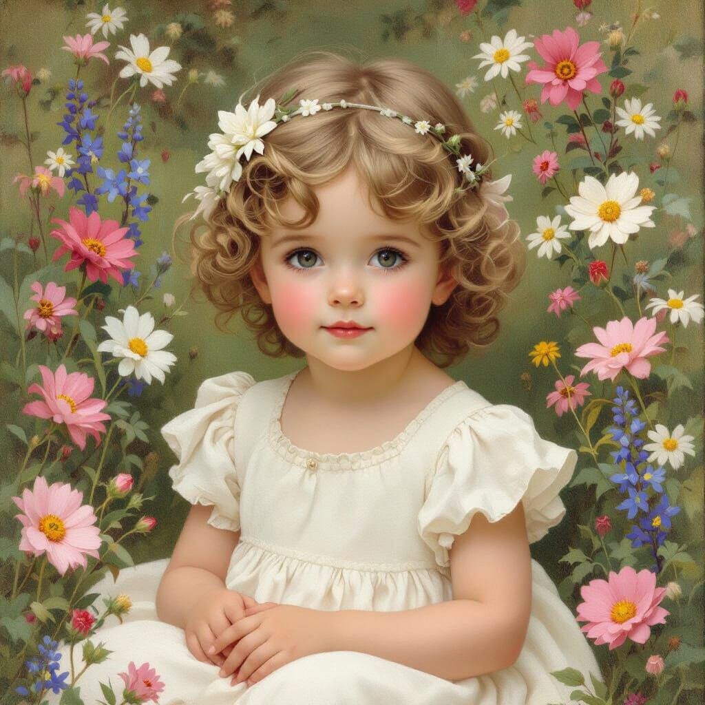 Innocent Child Surrounded by Flowers: Classical Painting Sty...