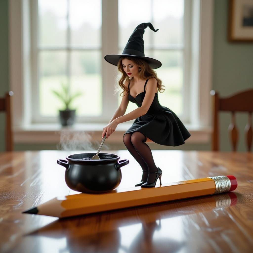 Mini Witch Stirring Pot on Giant Pencil