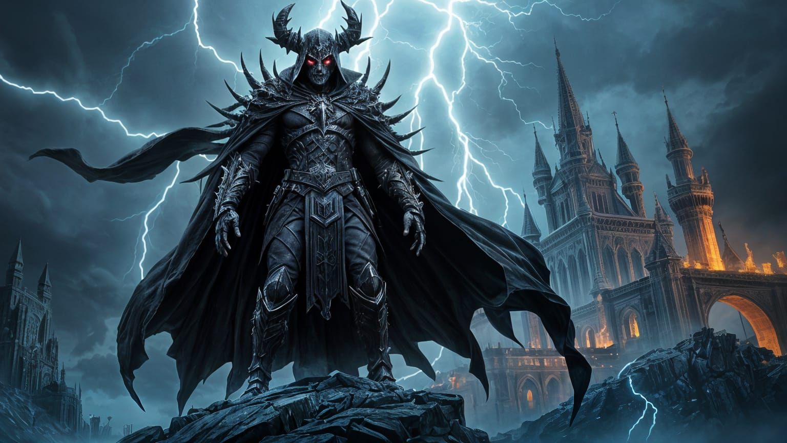 Darklord on Cliff with Lightning, Comic Book Style