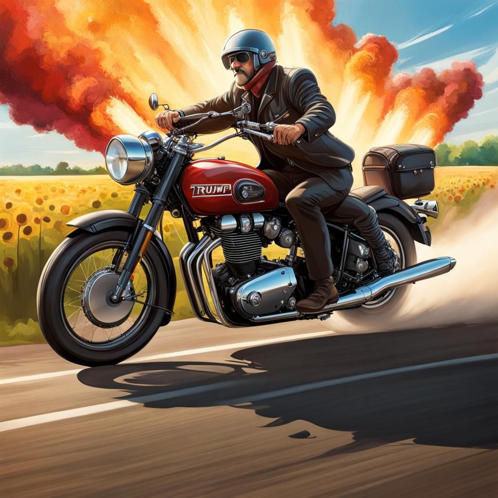 Older Man Rides Motorcycle Through Summer Field