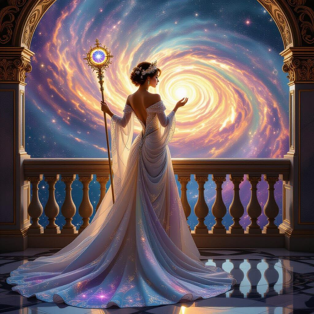 Celestial Princess Overlooking a Swirling Galaxy