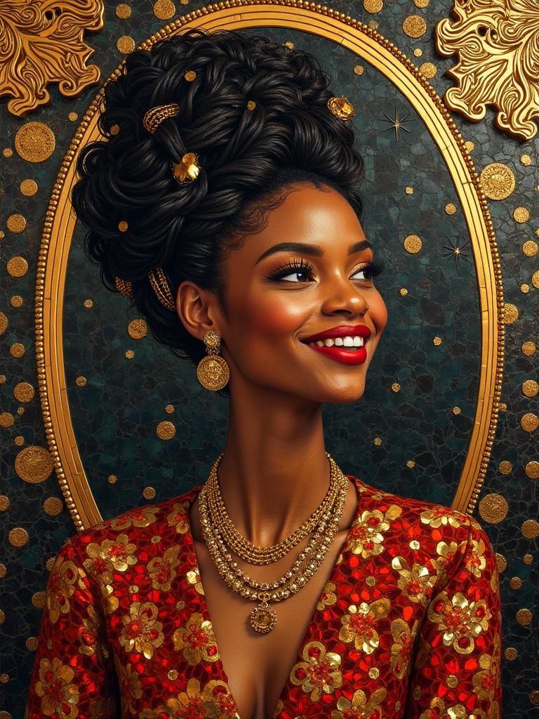 Mosaic Portrait of Elegant Woman in Golden Frame