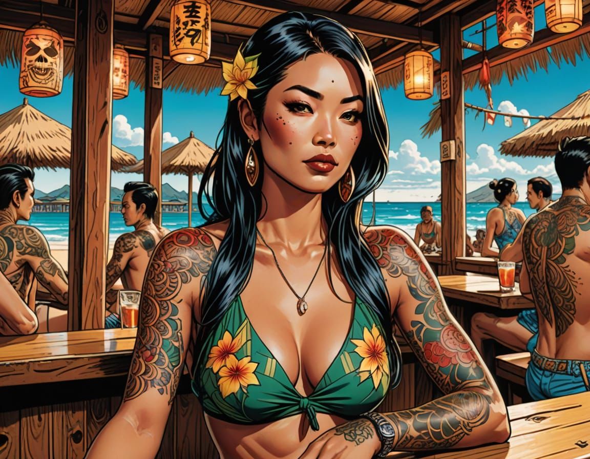 Tattooed Beauty in Tiki Bar, Comic Book Art