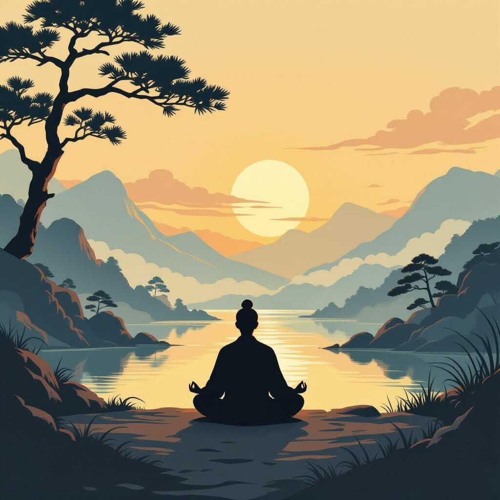 Meditating Figure in Serene Dawn Landscape
