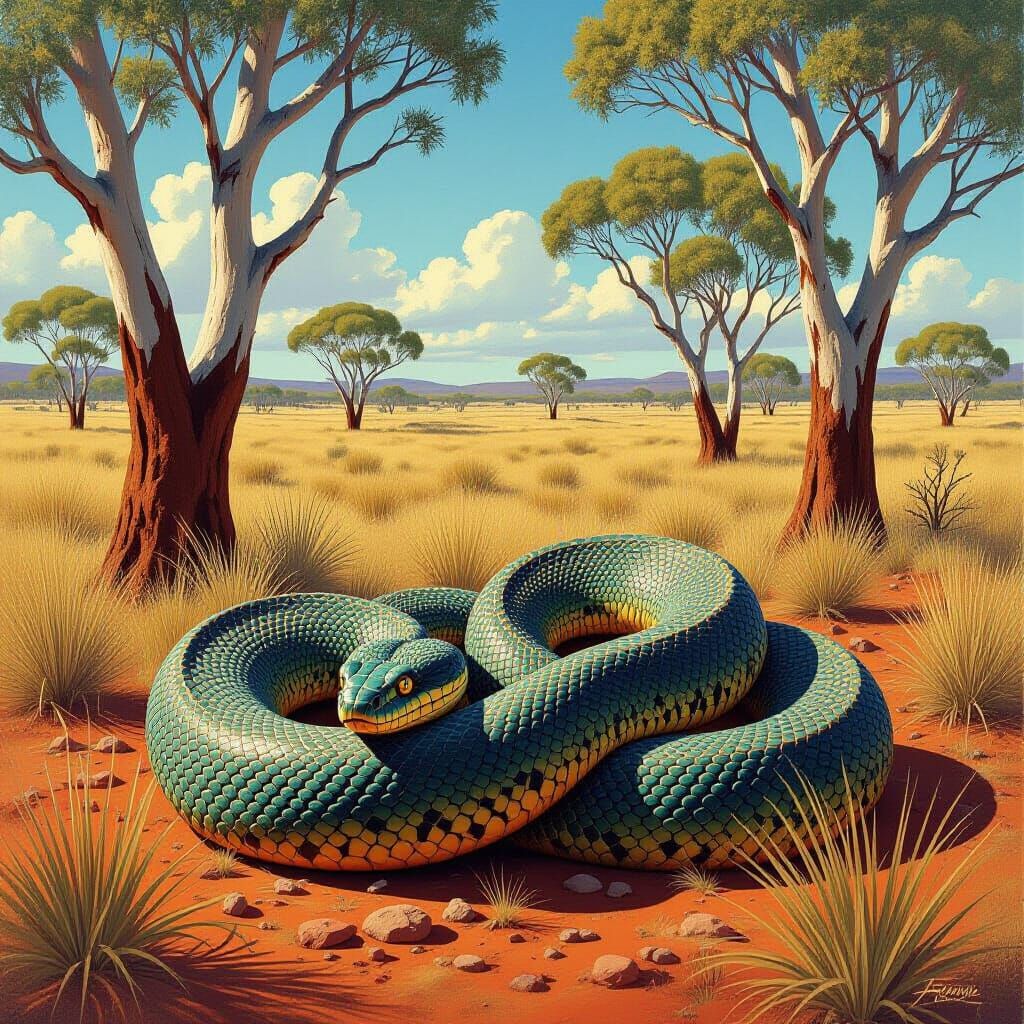 Venomous Snake Coiled in Australian Outback, Artistic Style
