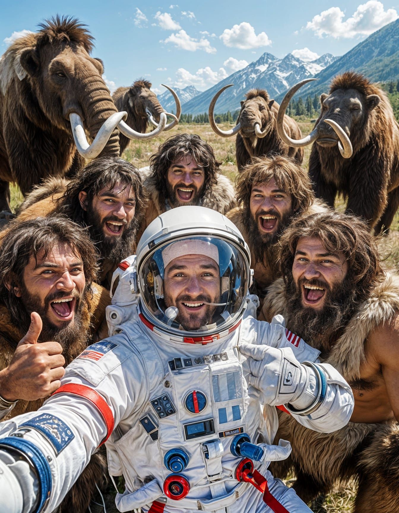 Astronaut Selfie with Cavemen in Cinematic Hyperrealism