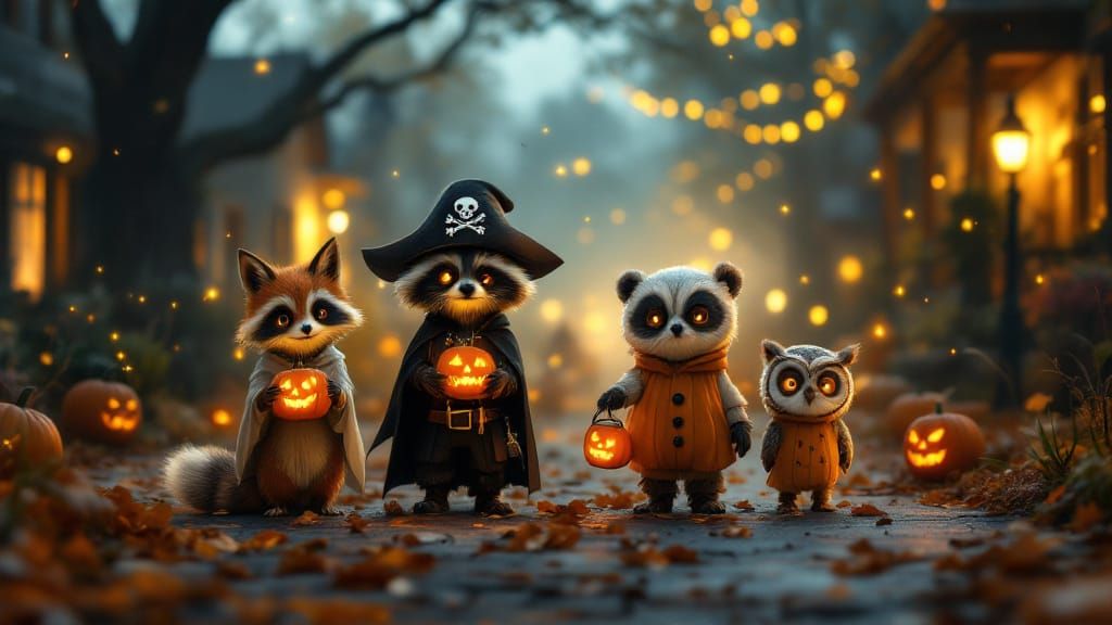 Woodland Animals Halloween Parade on Foggy Street