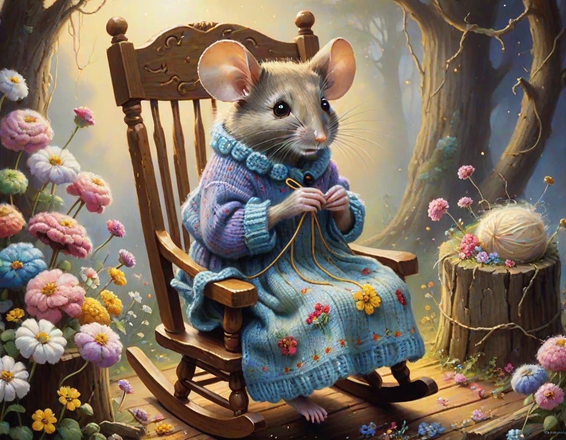 Mouse Knitting a Sweater as Oil Painting
