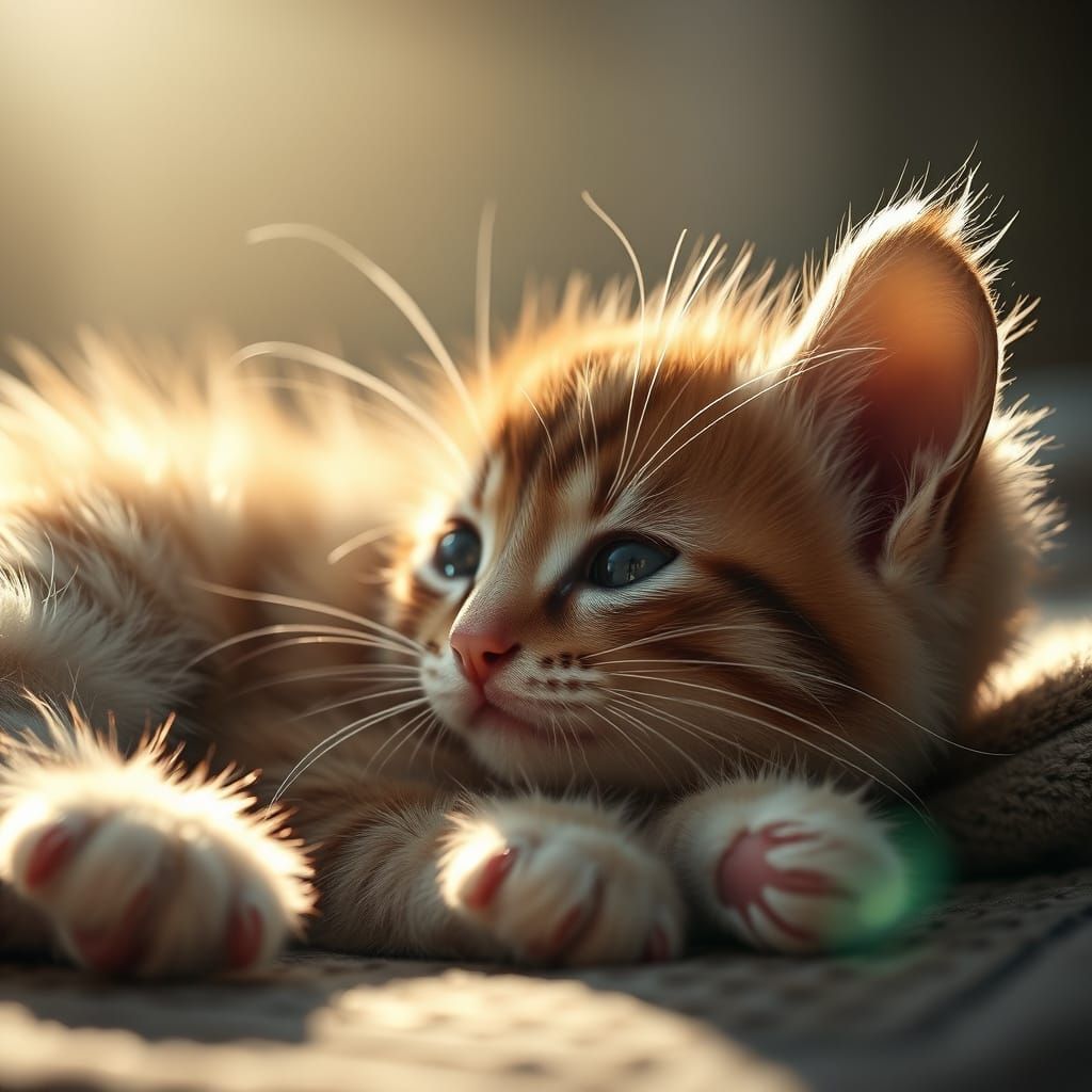 Hyperrealistic Kitten Sunbathing in Warm Light