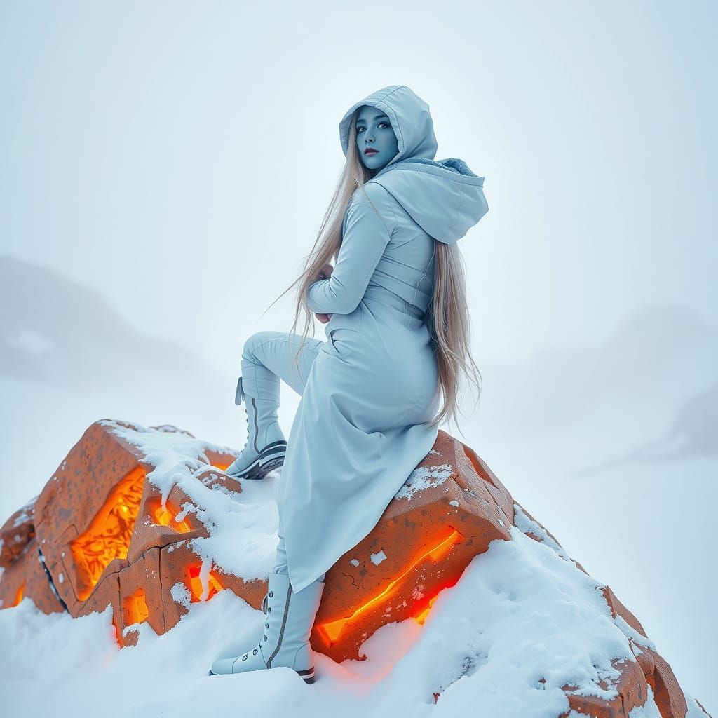 Cybernetic Woman in Snowy Landscape, Cyberpunk Style