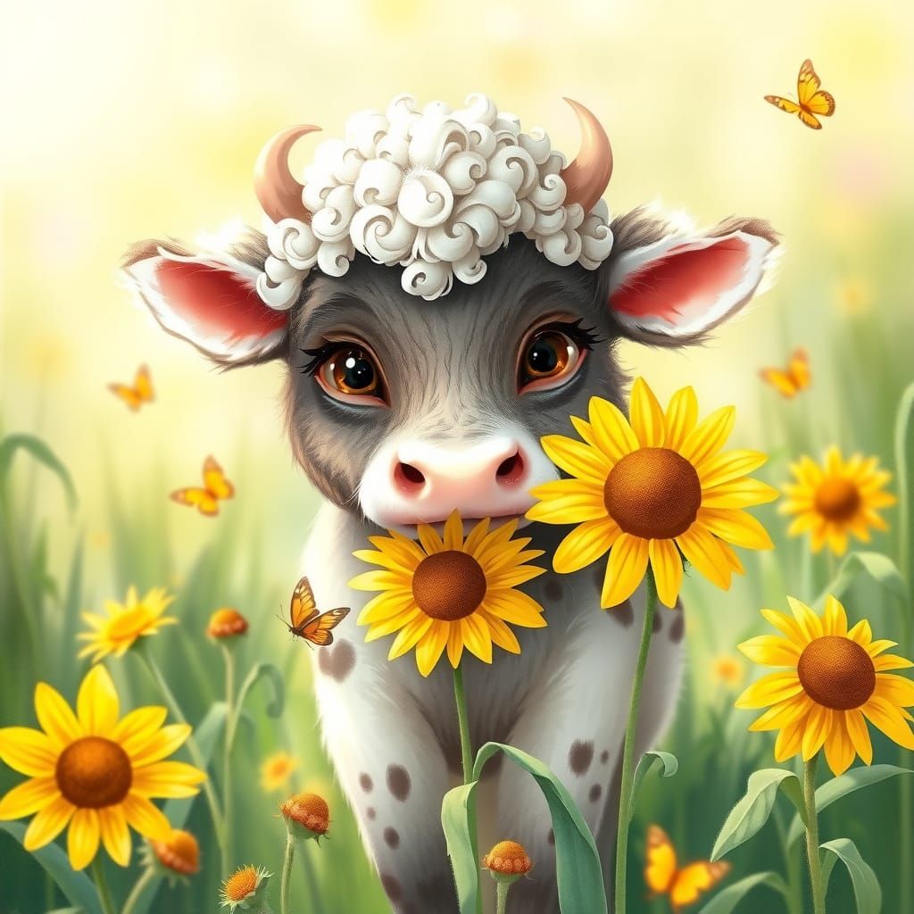 Whimsical Baby Cow Munches on Sunflowers in a Lush Meadow