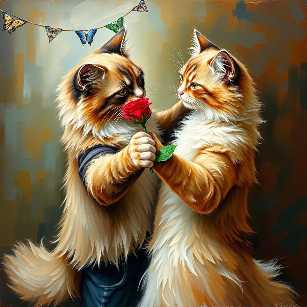 Impasto Oil Painting of Ragdoll Cats Dancing Tango