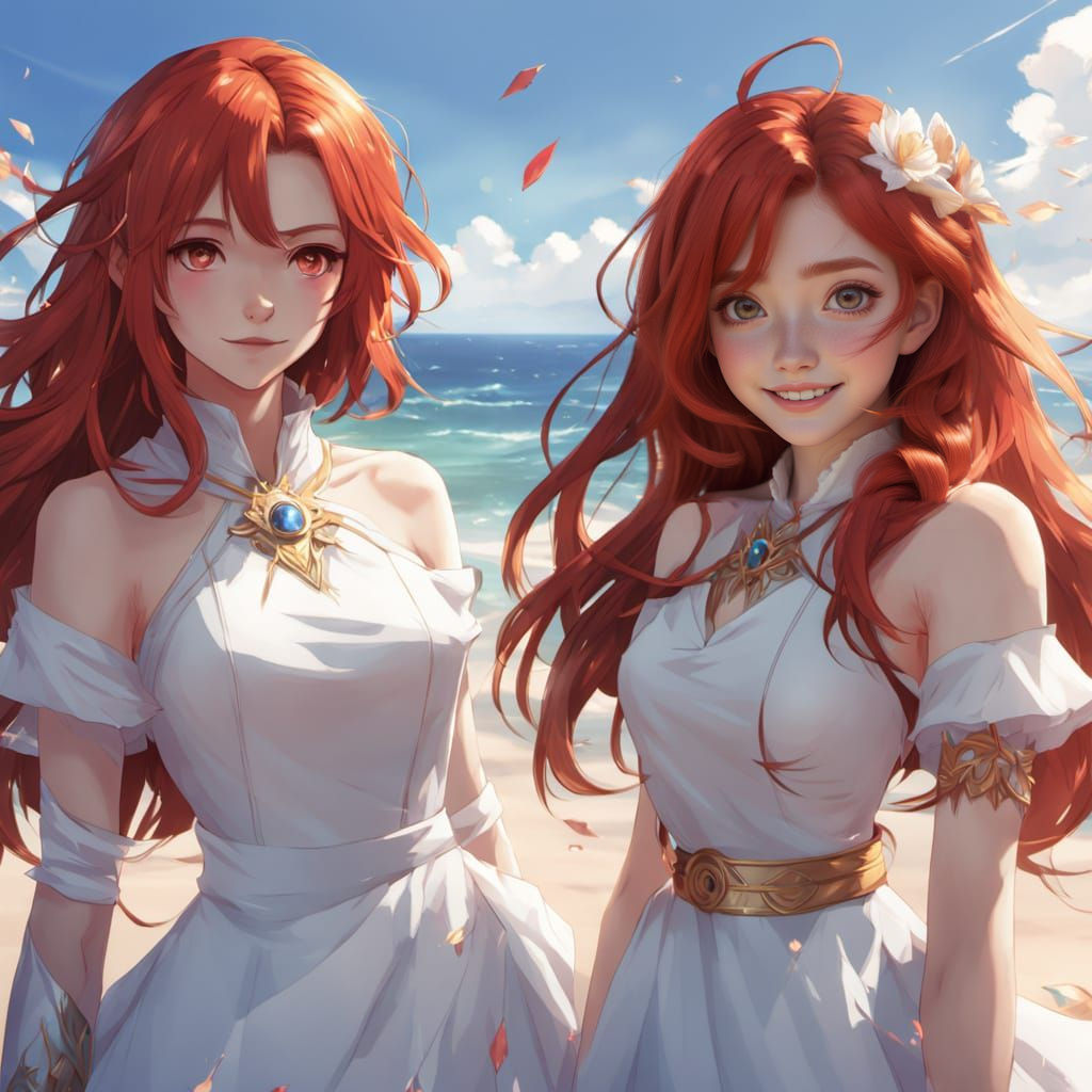 Anime Style Redhead on Beach, Hyperrealistic 3D Art