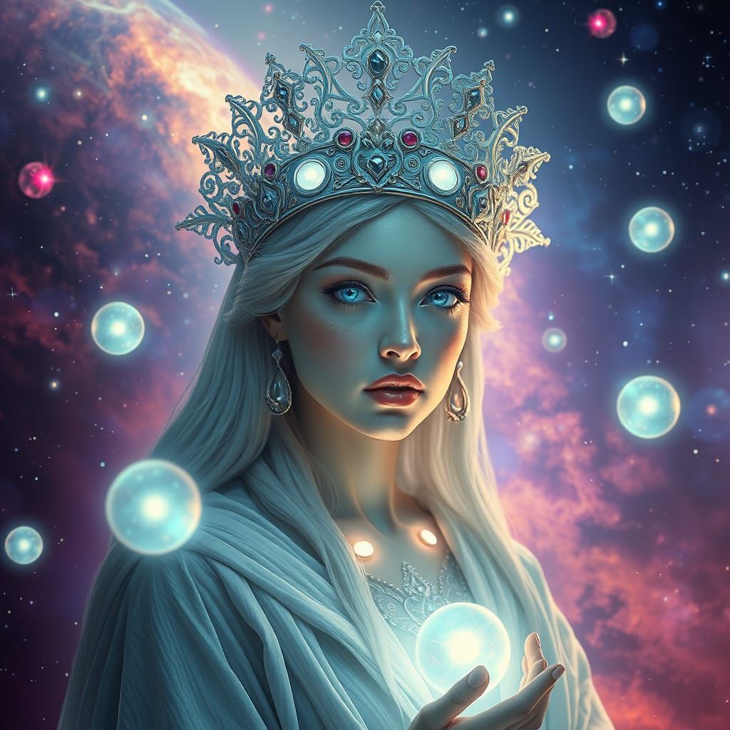 Celestial Queen with Orbs in Nebula Background