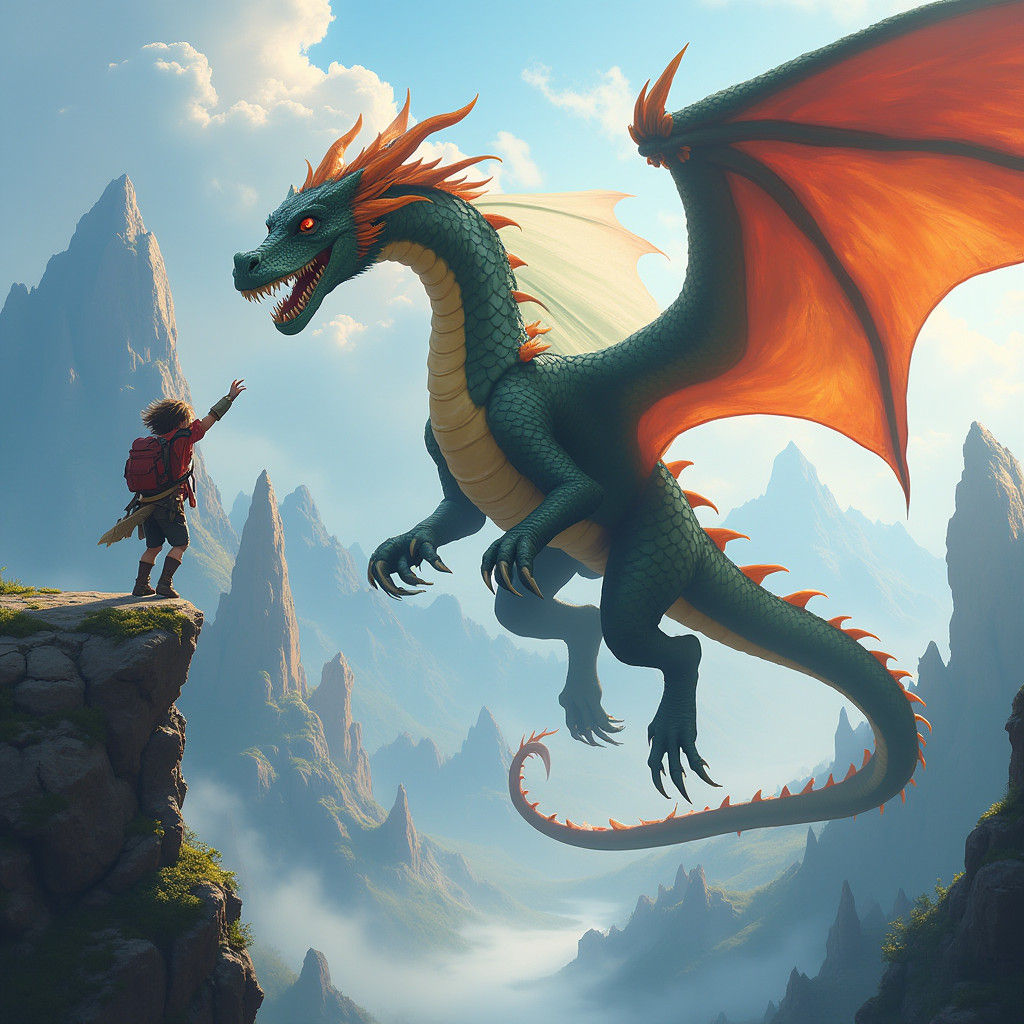 Child Dragon Rider in Dreamy Landscape