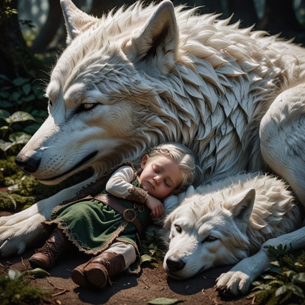 Toddler elf sleeping with her wolf family who are protecting...