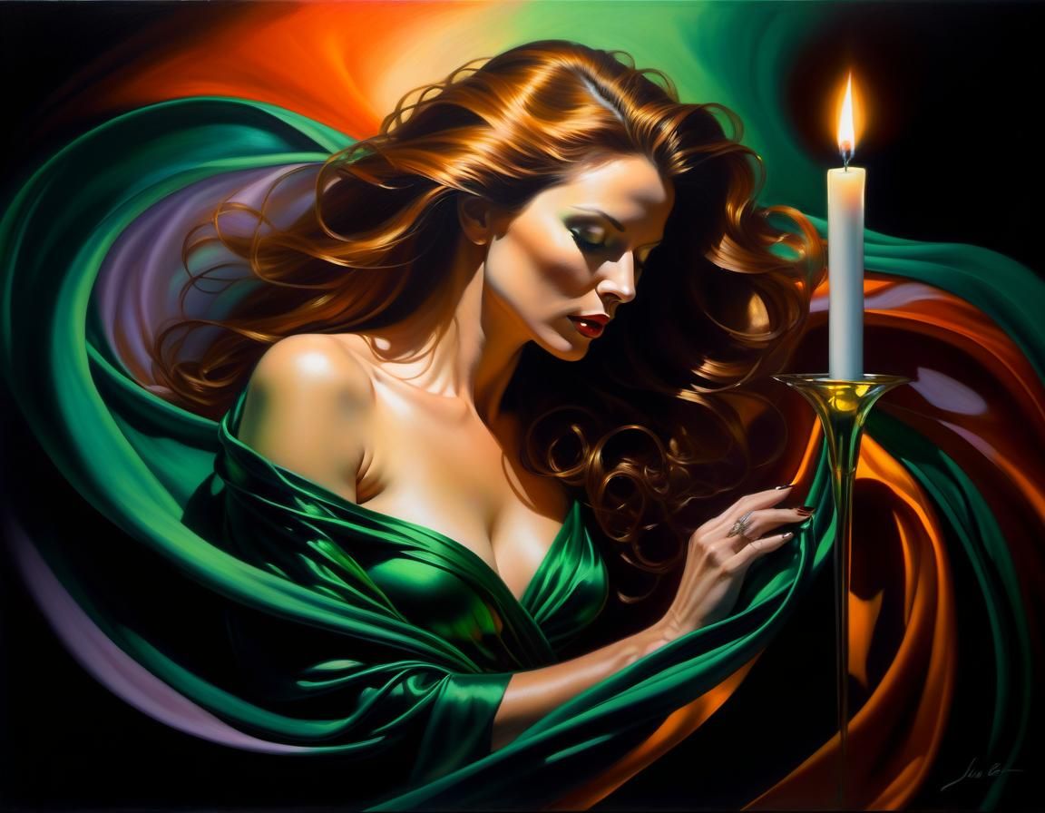Ethereal Woman in Green: Romantic Oil Painting