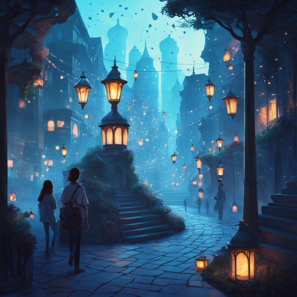 Twilight Cityscape of Glowing Book Buildings