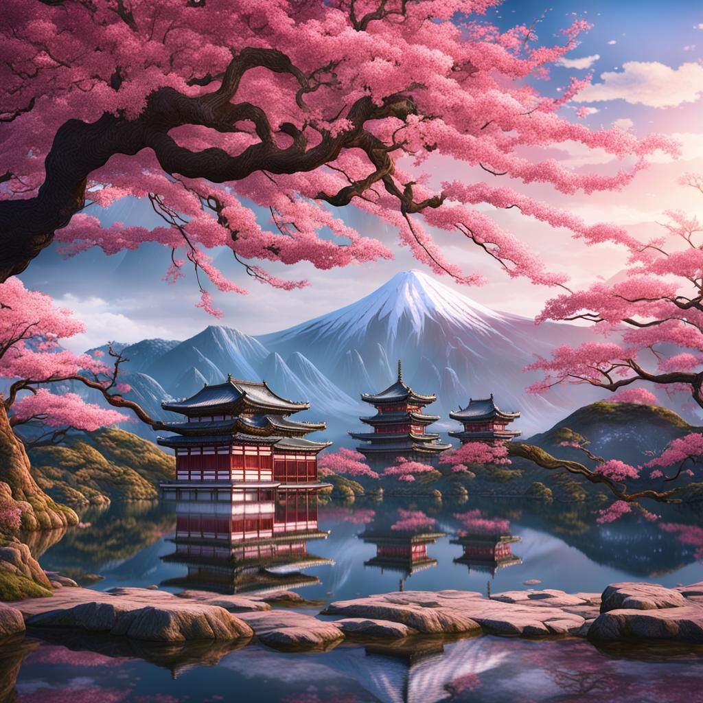 Sakura Trees and Temples: Detailed Fantasy Landscape