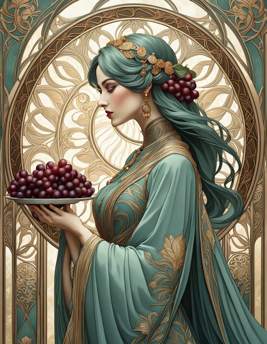 Elegant Art Nouveau Woman with Grapes and Flowers
