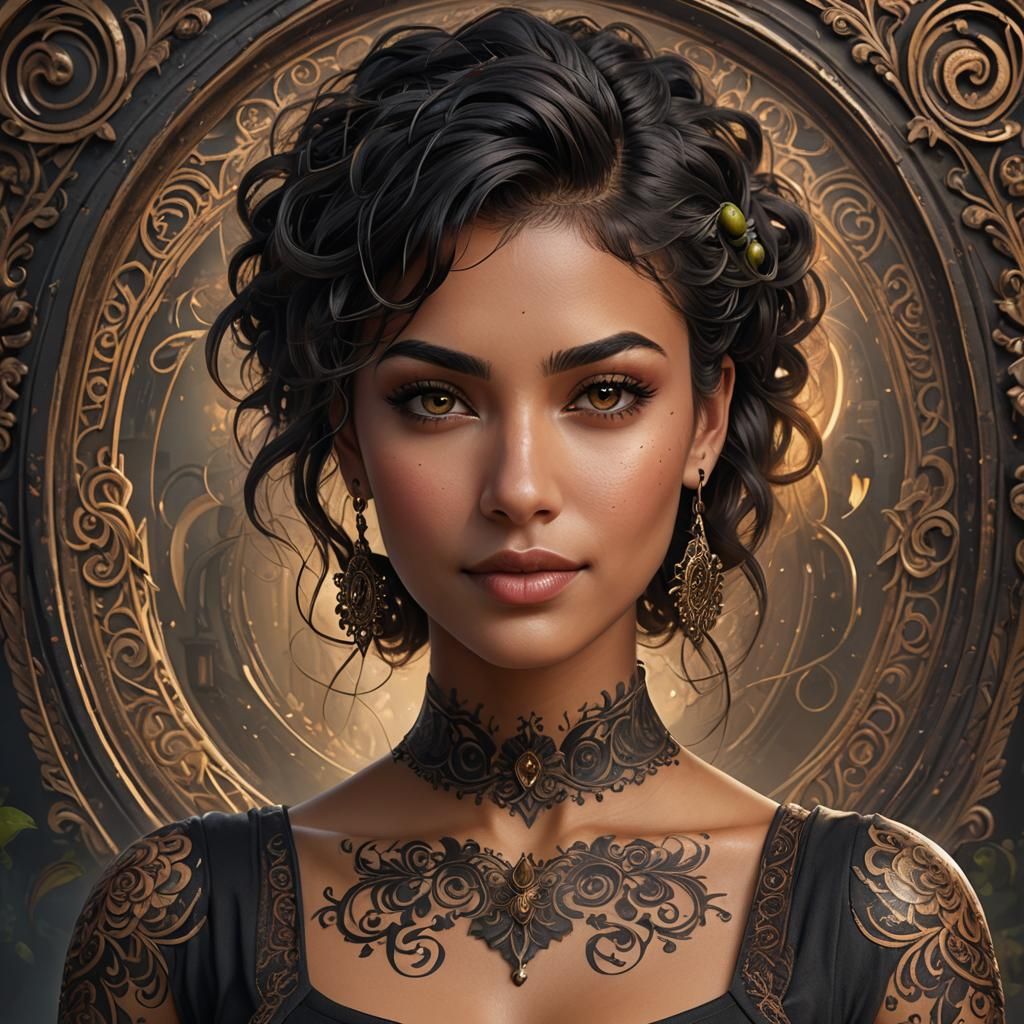 Olive-Skinned Woman with Tattoo Sleeve in Fantasy Art