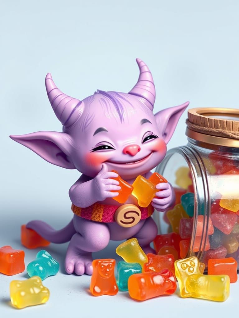 Candy Goblin Stealing Gummies in Whimsical Style