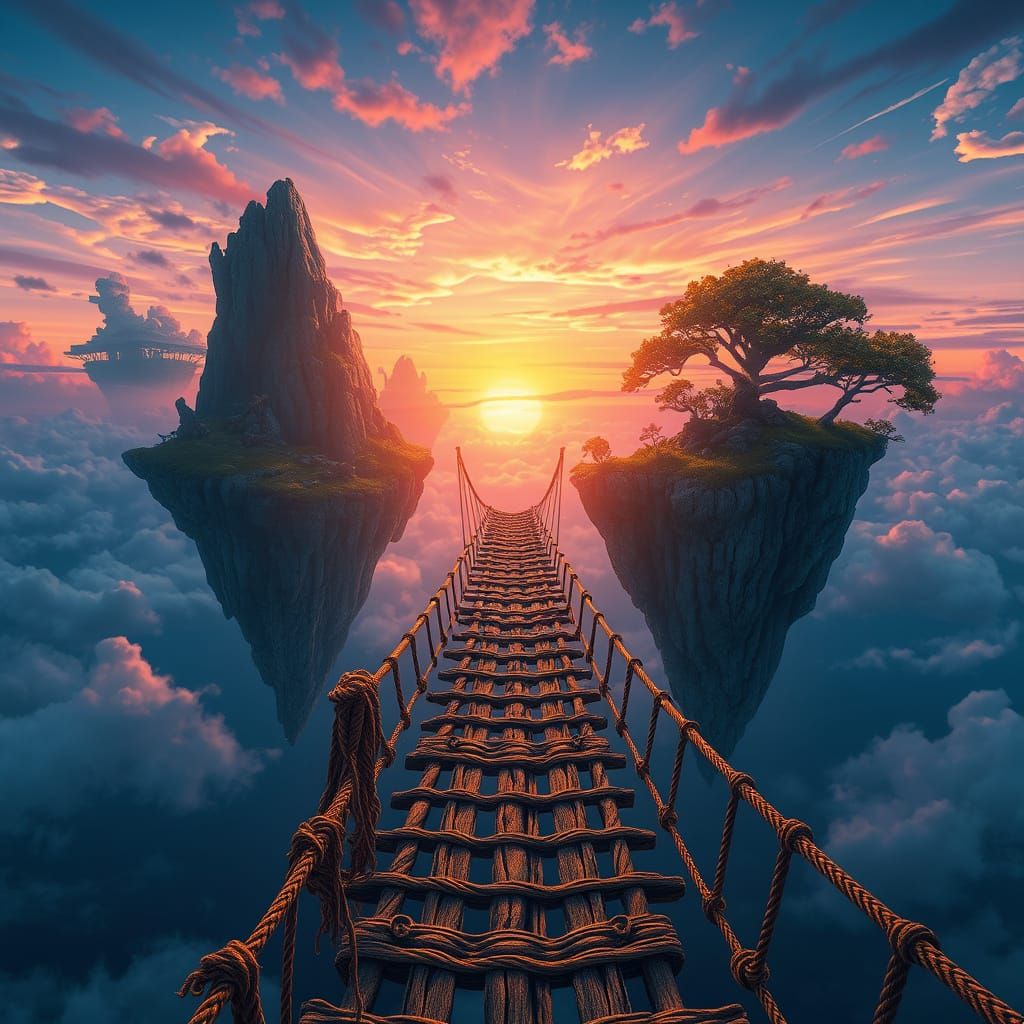 Surreal Island Landscape with Rope Bridge in Ethereal Aura