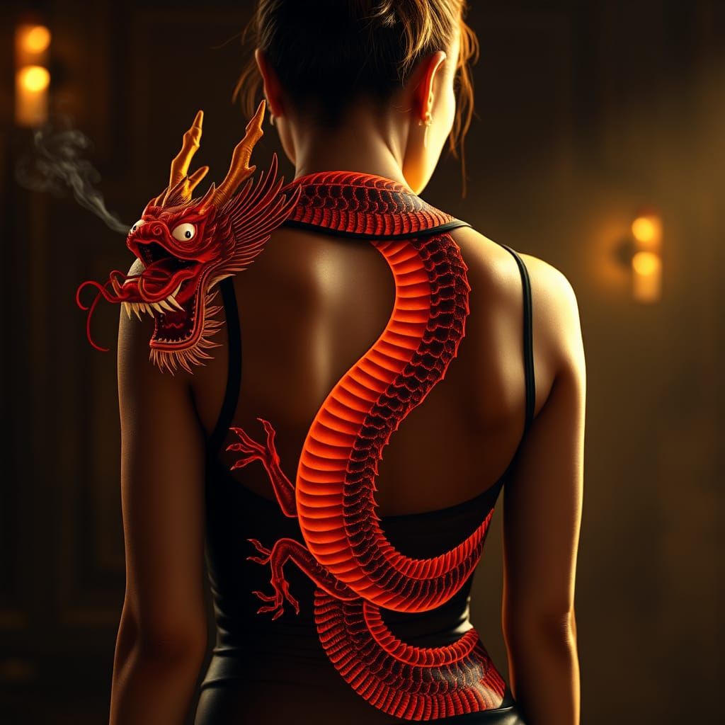 Woman's Back Tattoo: Vibrant Chinese Dragon Art