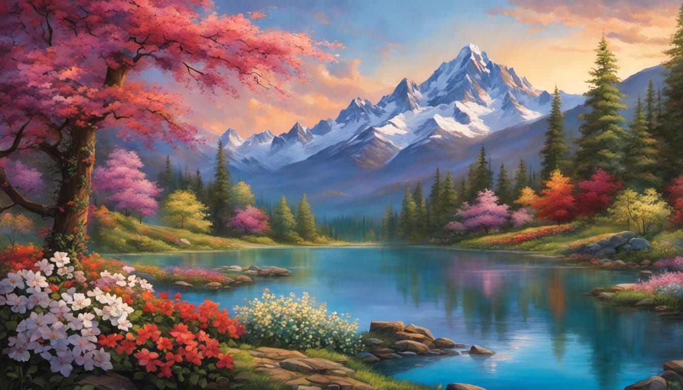 Mountain Landscape: Spring's Dawn in Vibrant Colors