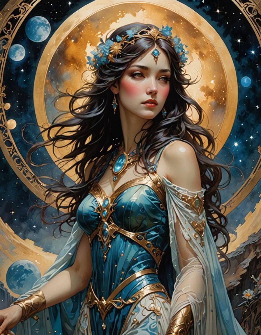 Cosmic Maiden in Moonscape: Art Nouveau Woodblock Print