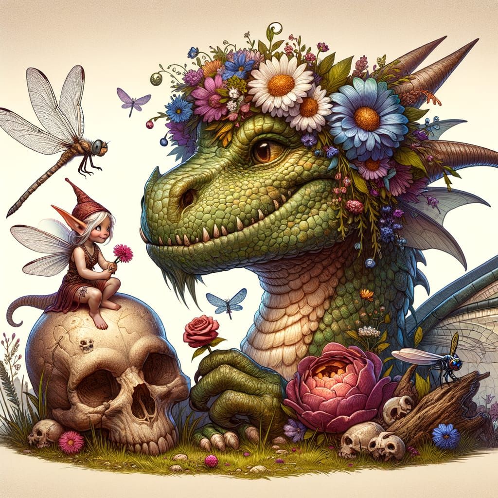 Digital painting illustration dragon caricature, pixie and a...