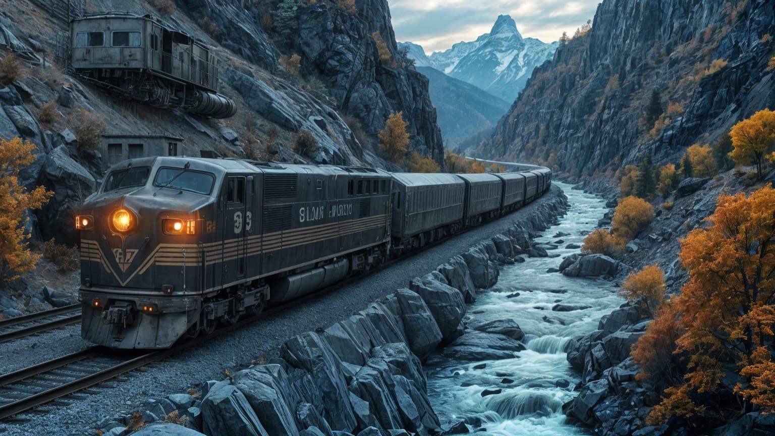 Vintage Streamliner Rides Through Autumn River Canyon
