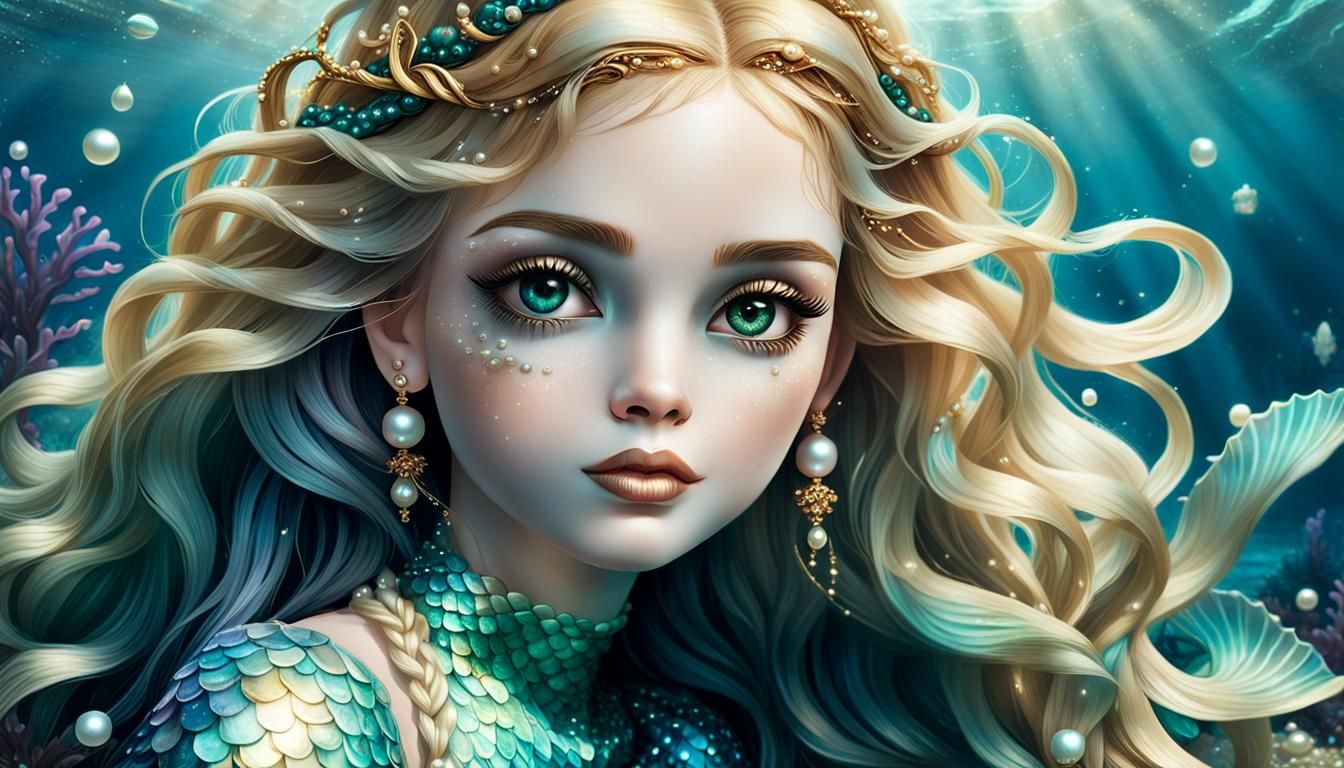 Seductive Mermaid with Pearlescent Skin and Golden Hair